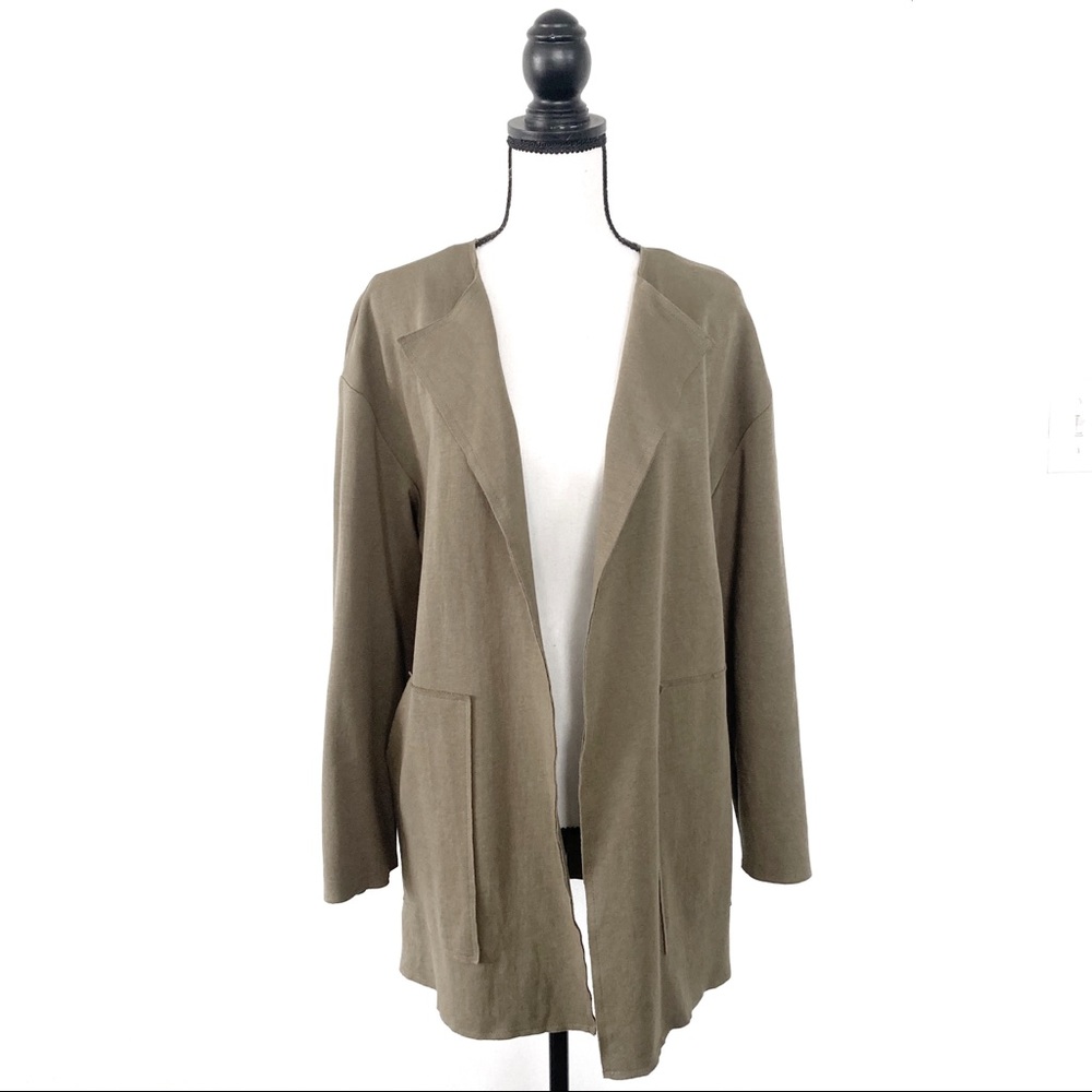 Zara Basic army green open cardigan raw hems